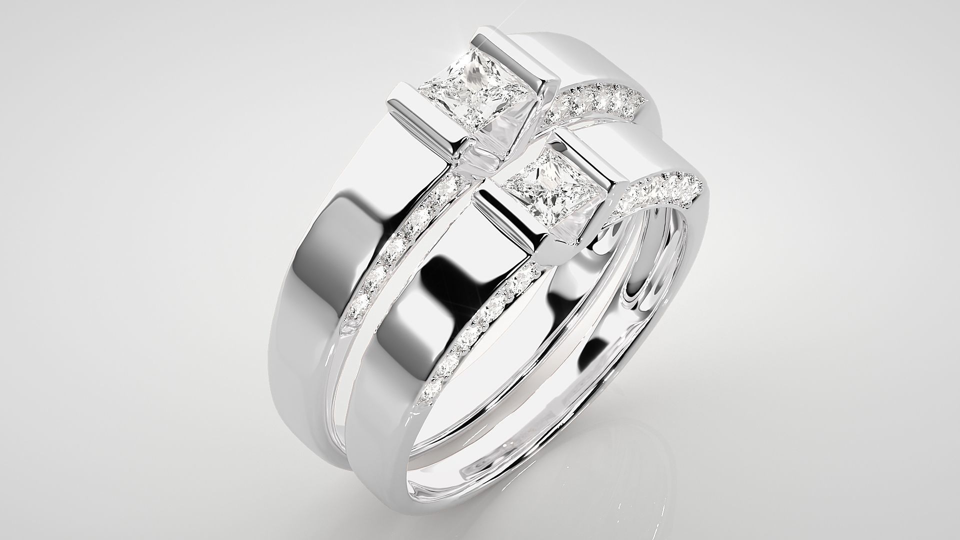 Solitaire Princess Couple Band Ring 3dm stl render detail 3D print model_7