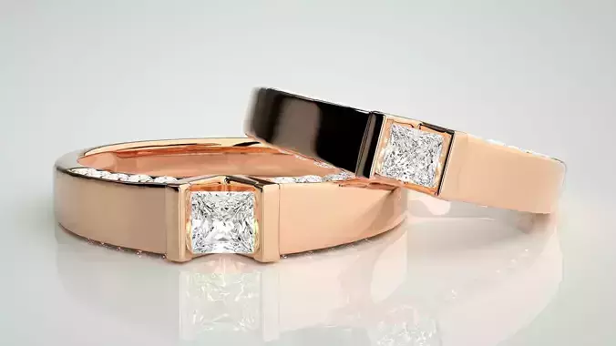 Solitaire Princess Couple Band Ring 3dm stl render detail