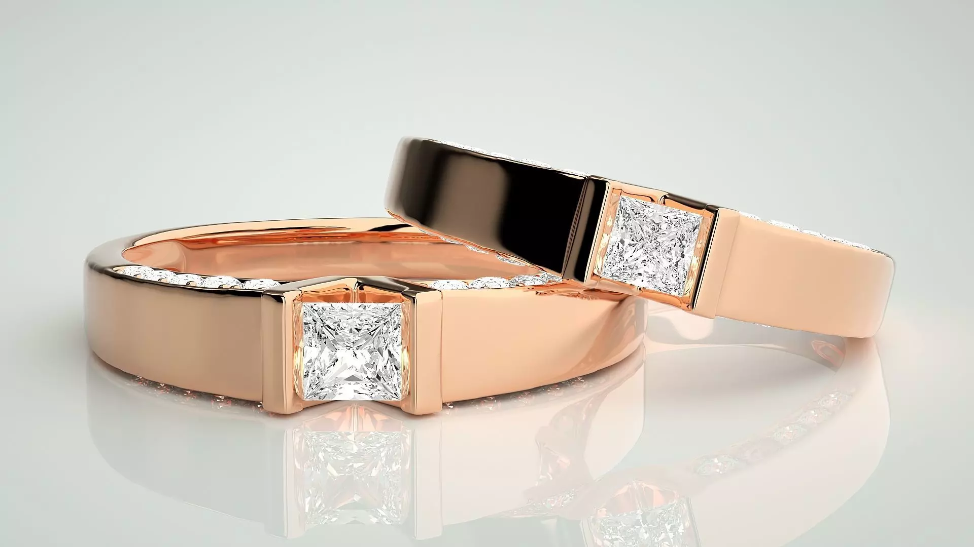 Solitaire Princess Couple Band Ring 3dm stl render detail 3D print model_0