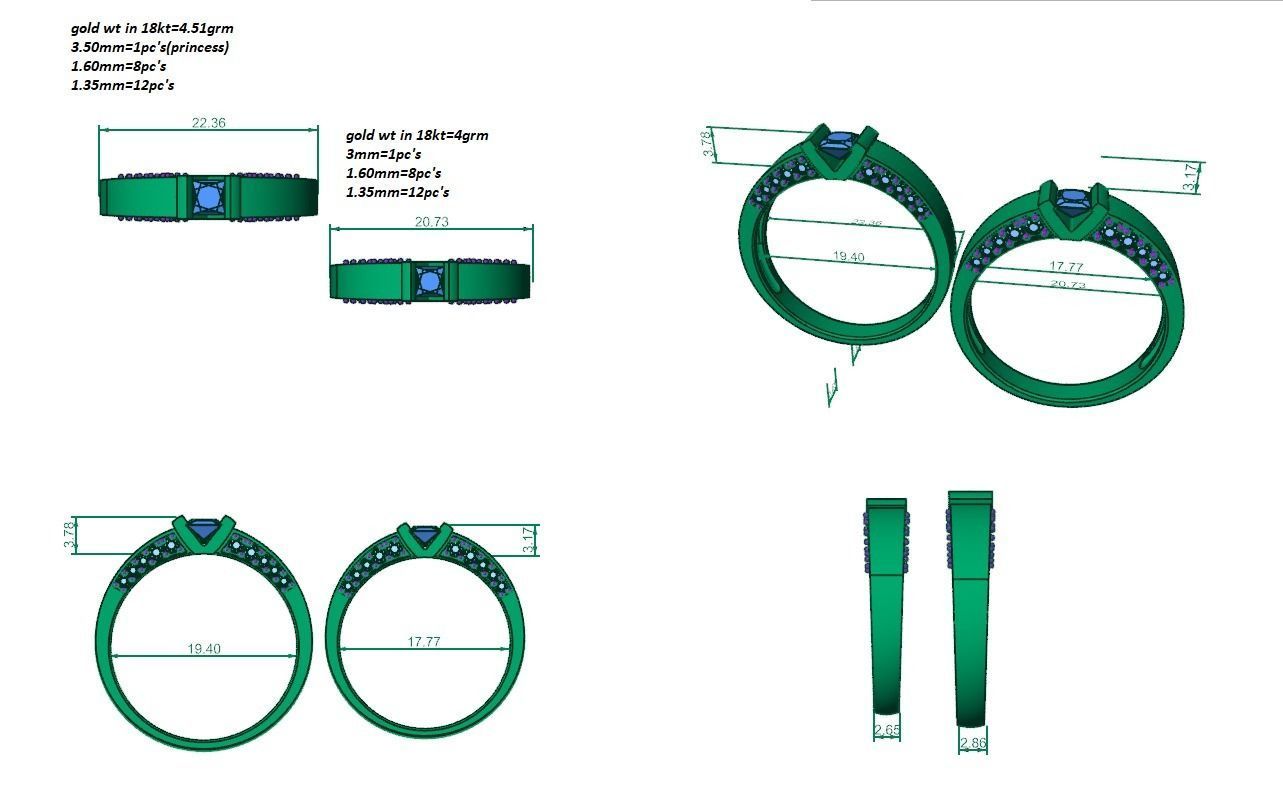 Solitaire Princess Couple Band Ring 3dm stl render detail 3D print model_12