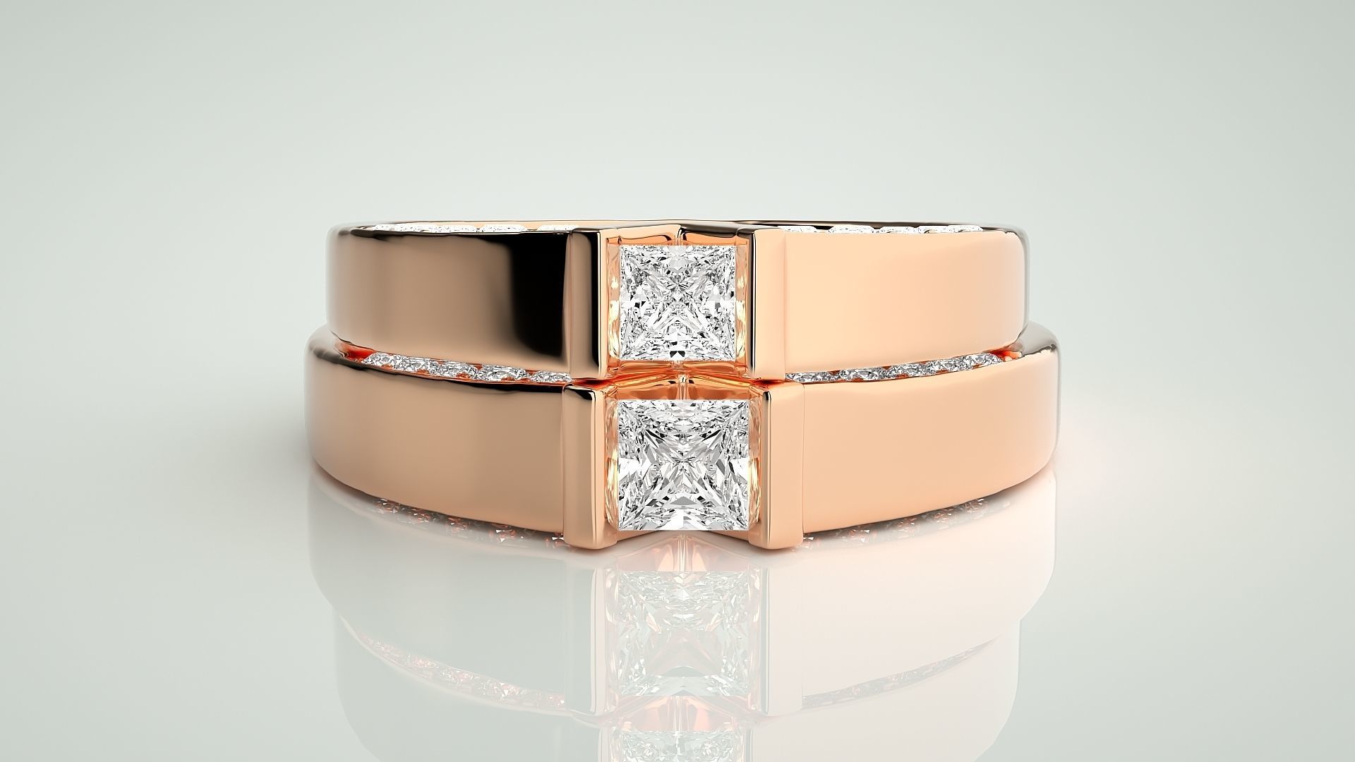 Solitaire Princess Couple Band Ring 3dm stl render detail 3D print model_2