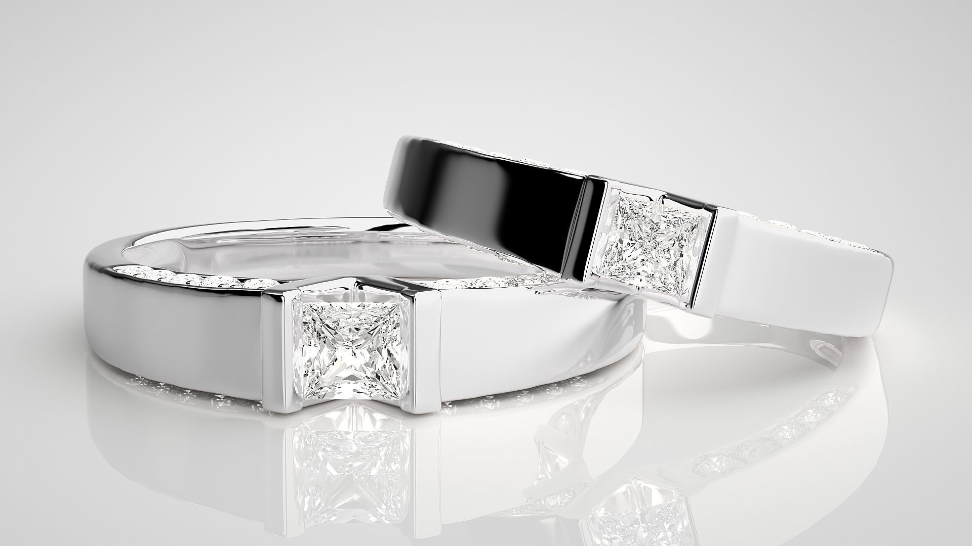 Solitaire Princess Couple Band Ring 3dm stl render detail 3D print model_4