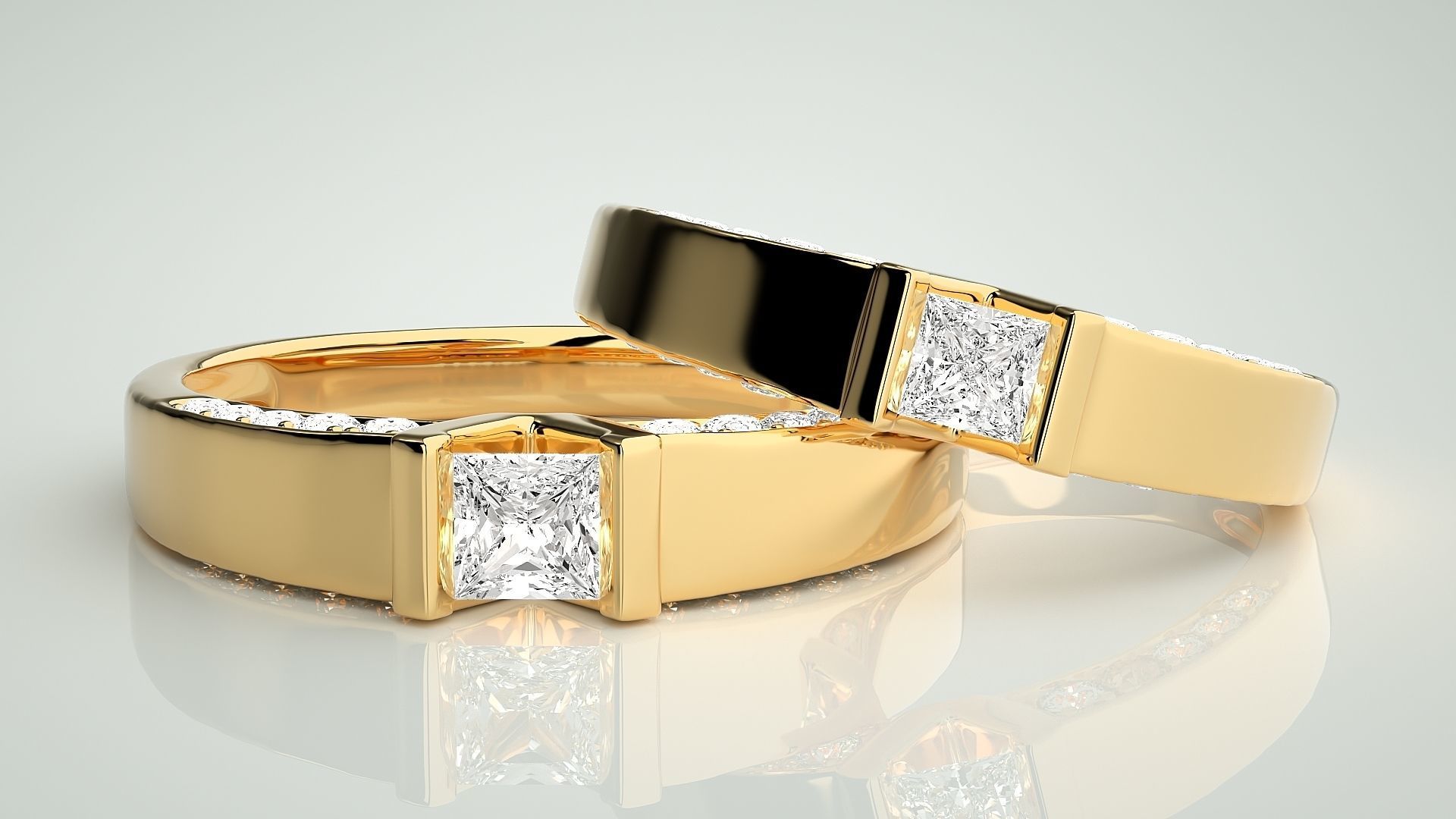 Solitaire Princess Couple Band Ring 3dm stl render detail 3D print model_8