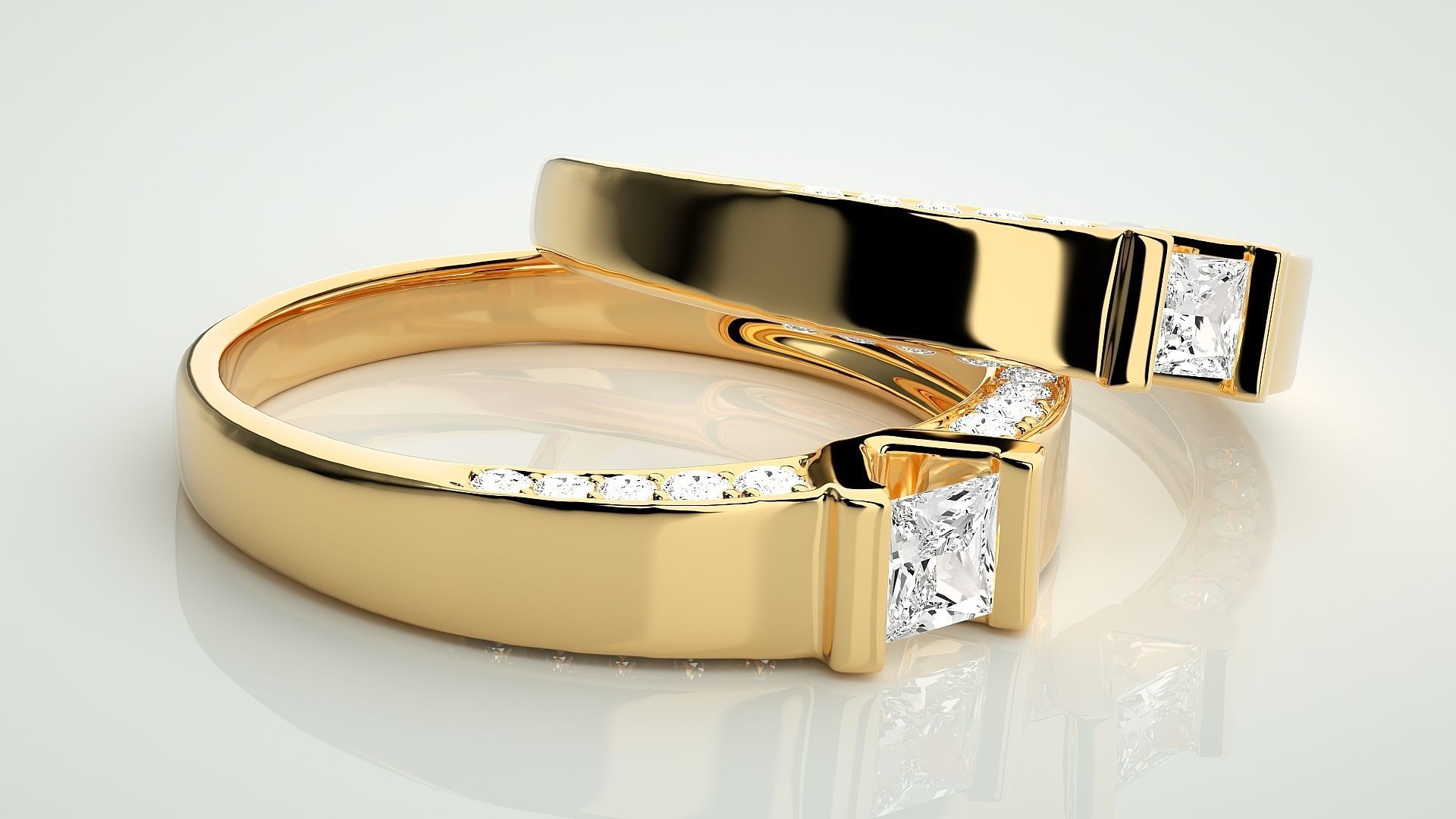 Solitaire Princess Couple Band Ring 3dm stl render detail 3D print model_9