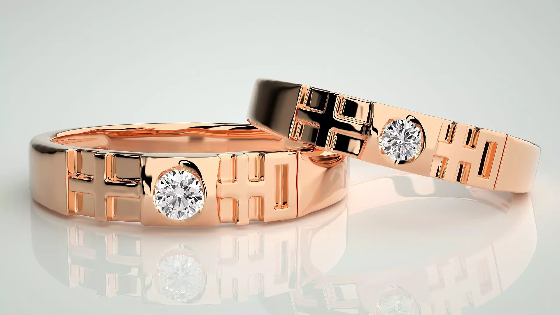 Solitaire Cross Couple Band Ring 3dm stl render detail 3D print model_0