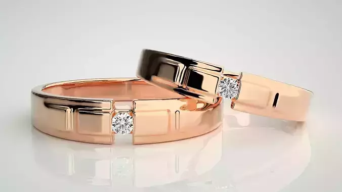 Solitaire Couple Band Ring 3dm stl render detail