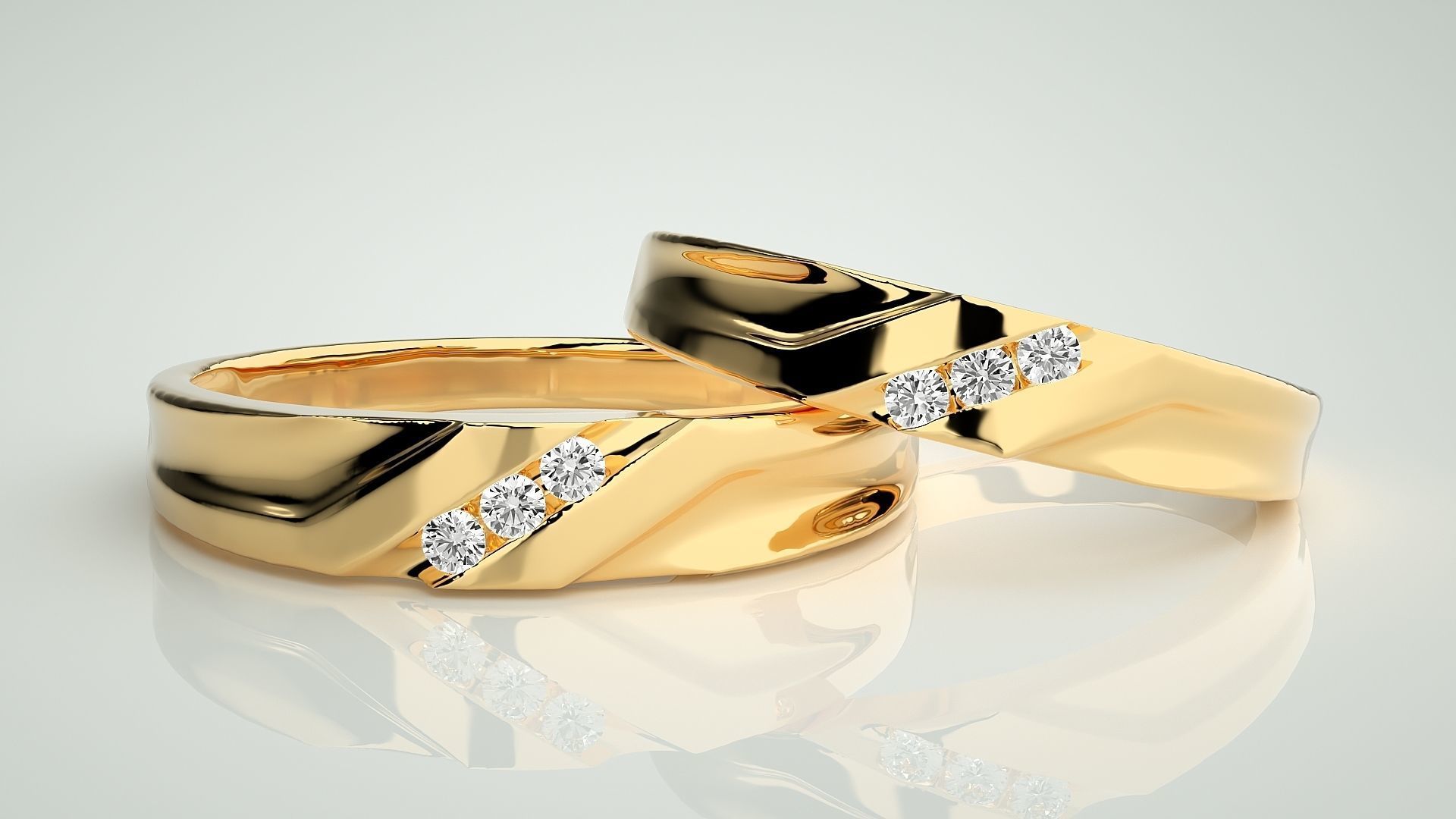 Tri-Diamond Couple Band Ring 3dm stl render detail 3D print model_8