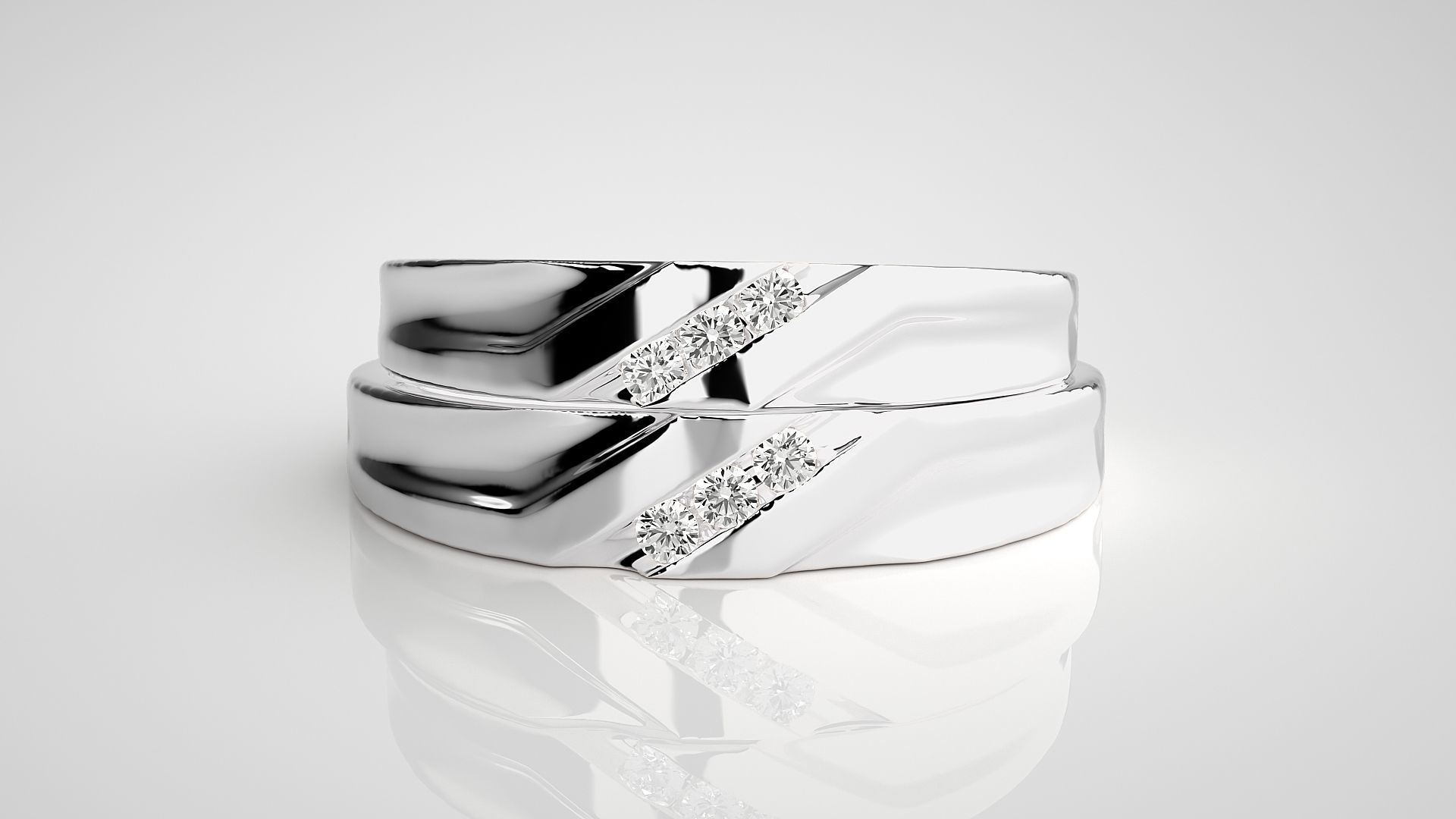 Tri-Diamond Couple Band Ring 3dm stl render detail 3D print model_6