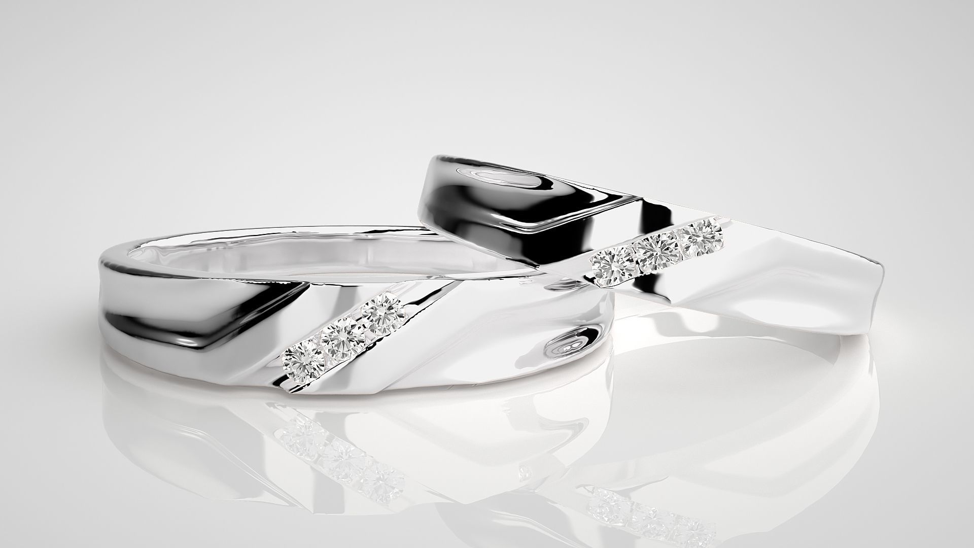 Tri-Diamond Couple Band Ring 3dm stl render detail 3D print model_4