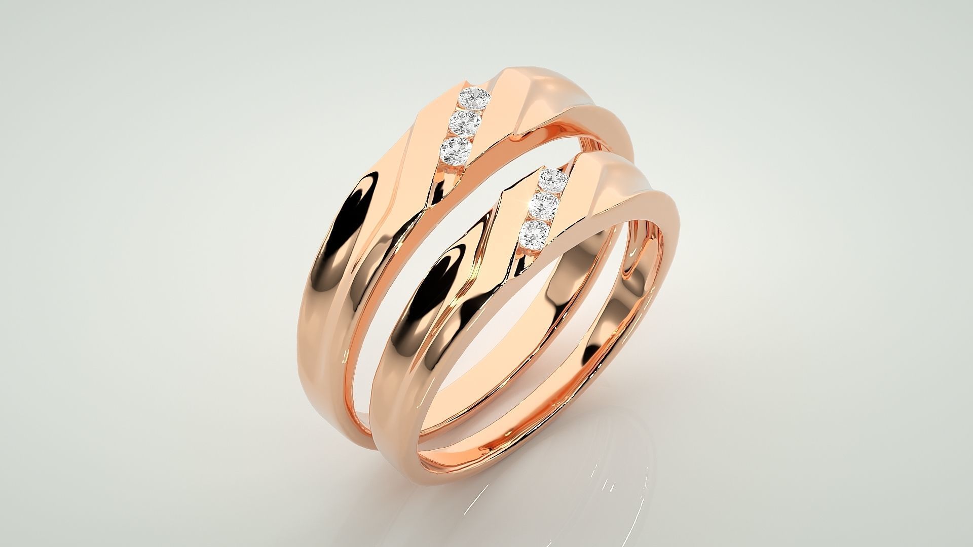 Tri-Diamond Couple Band Ring 3dm stl render detail 3D print model_3