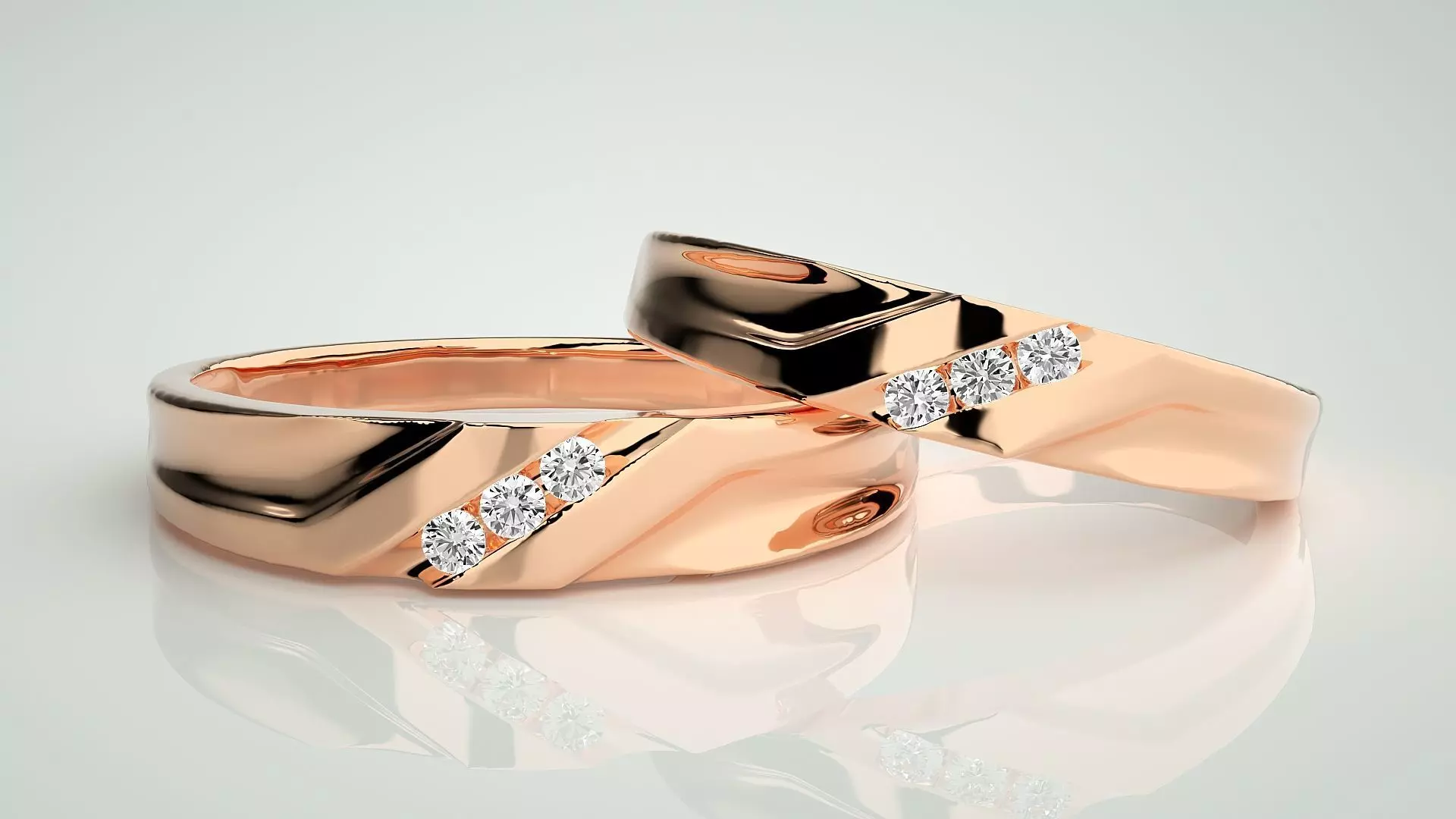 Tri-Diamond Couple Band Ring 3dm stl render detail 3D print model_0