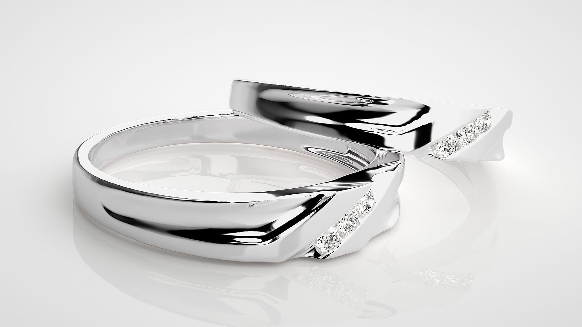 Tri-Diamond Couple Band Ring 3dm stl render detail 3D print model_5