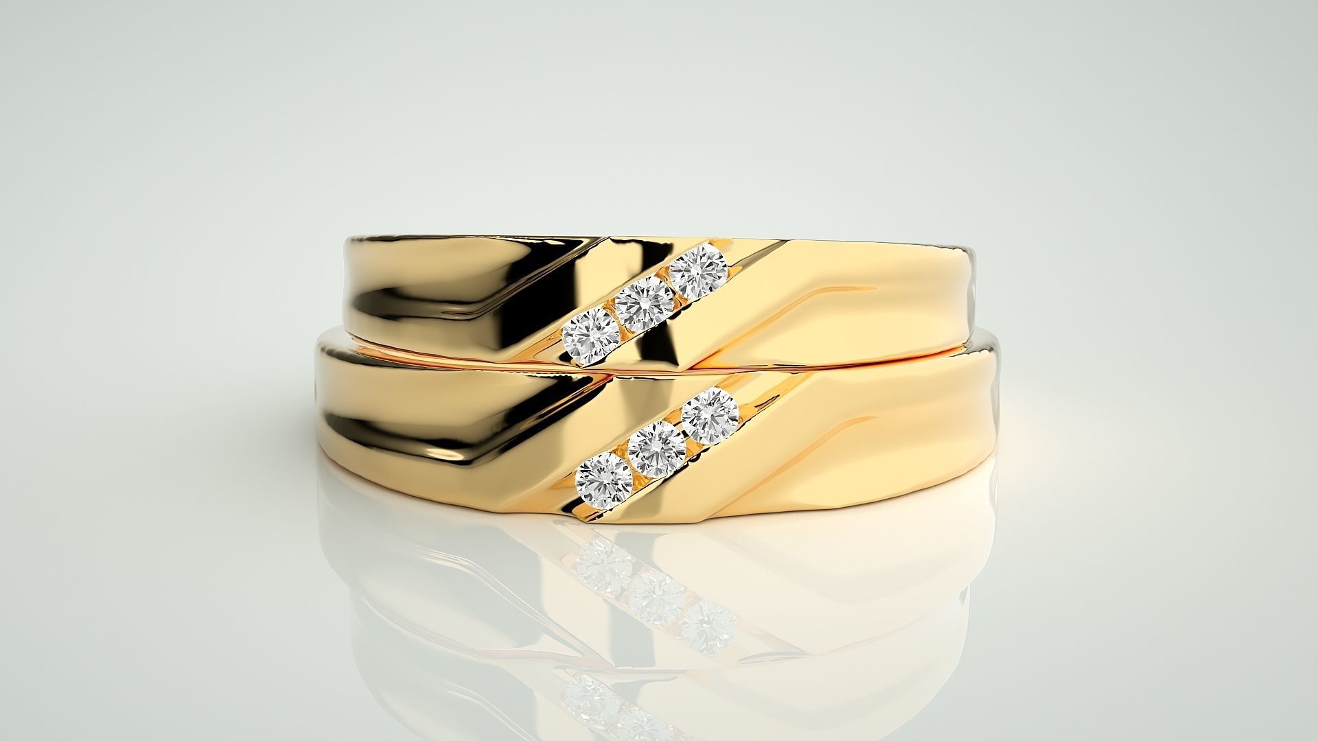 Tri-Diamond Couple Band Ring 3dm stl render detail 3D print model_10