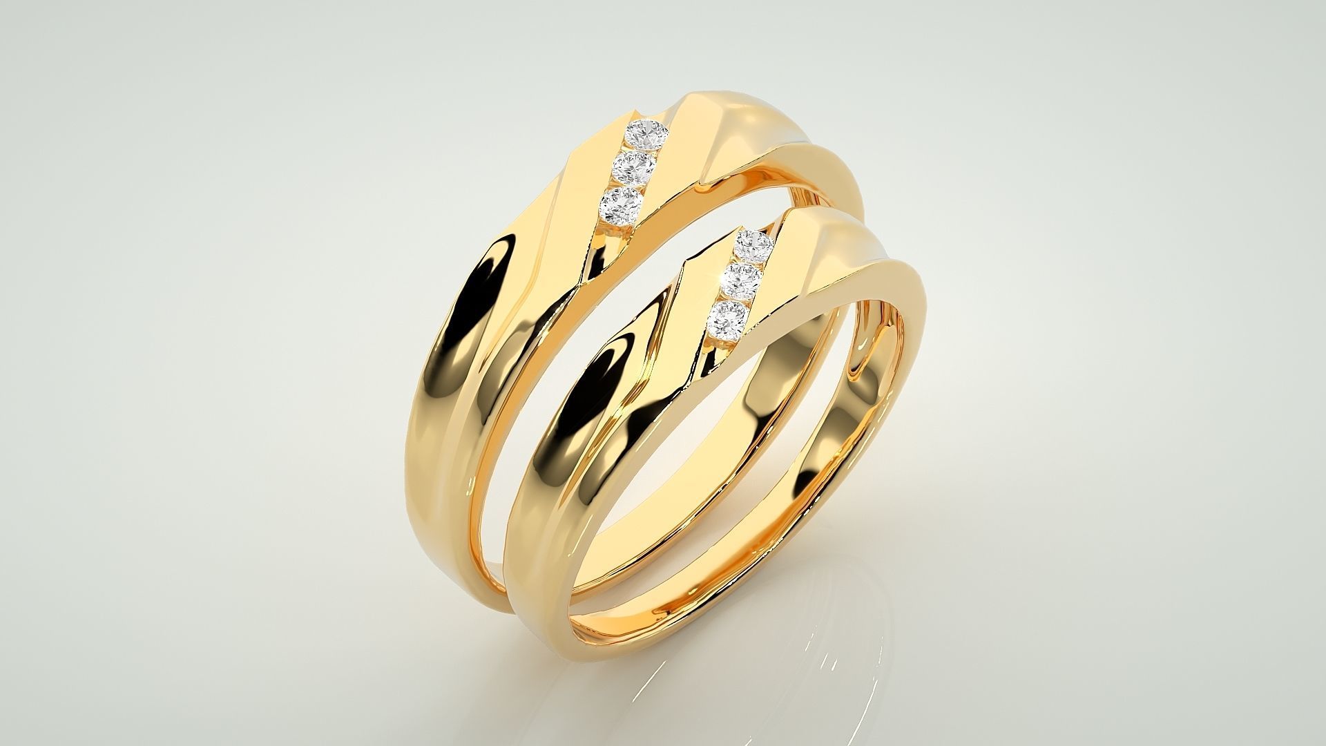 Tri-Diamond Couple Band Ring 3dm stl render detail 3D print model_11