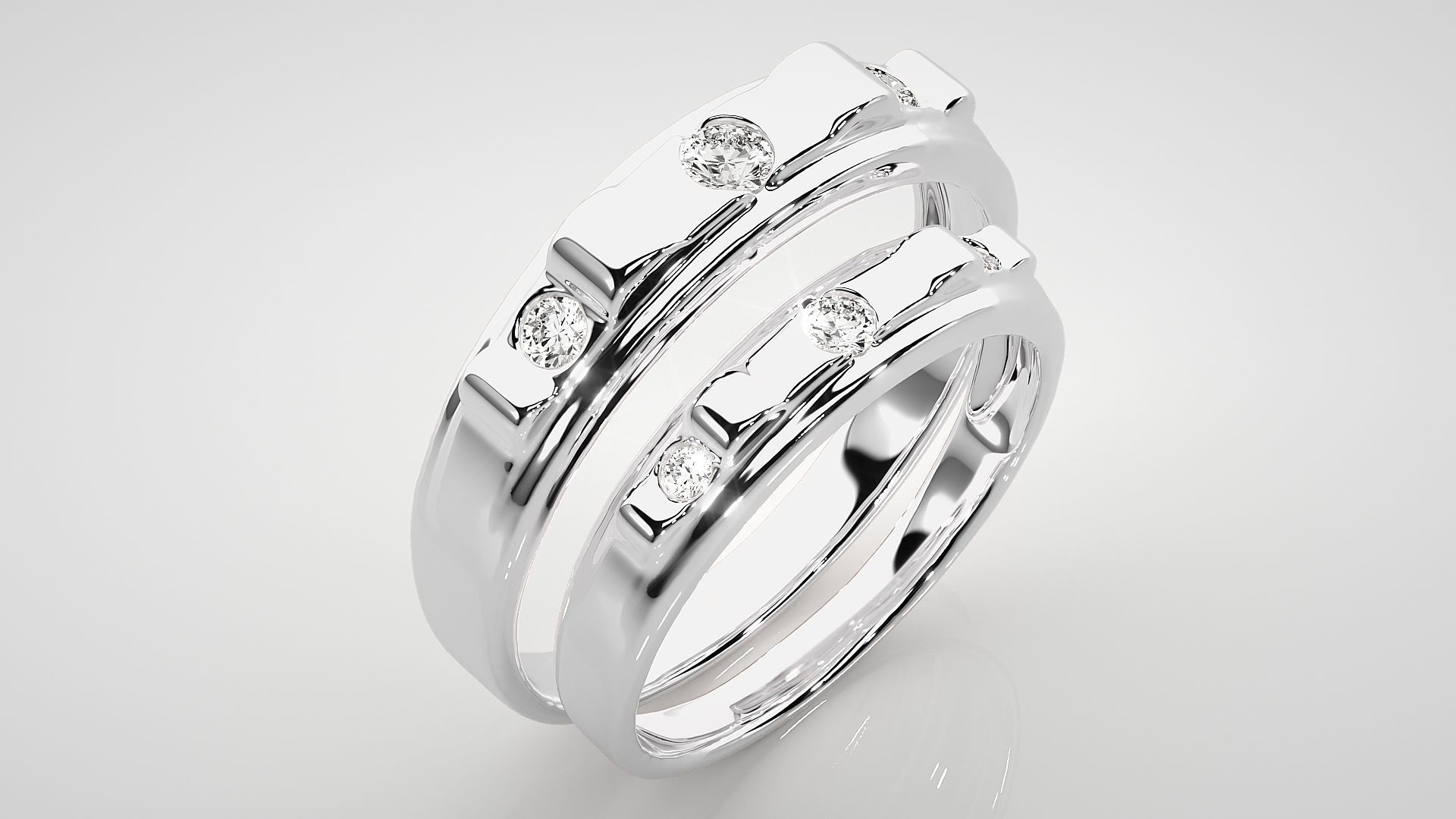 Solitaire Tri-Diamond Couple Band Ring 3dm stl render detail 3D print model_7