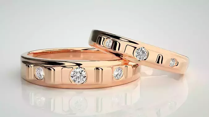 Solitaire Tri-Diamond Couple Band Ring 3dm stl render detail 3D print model