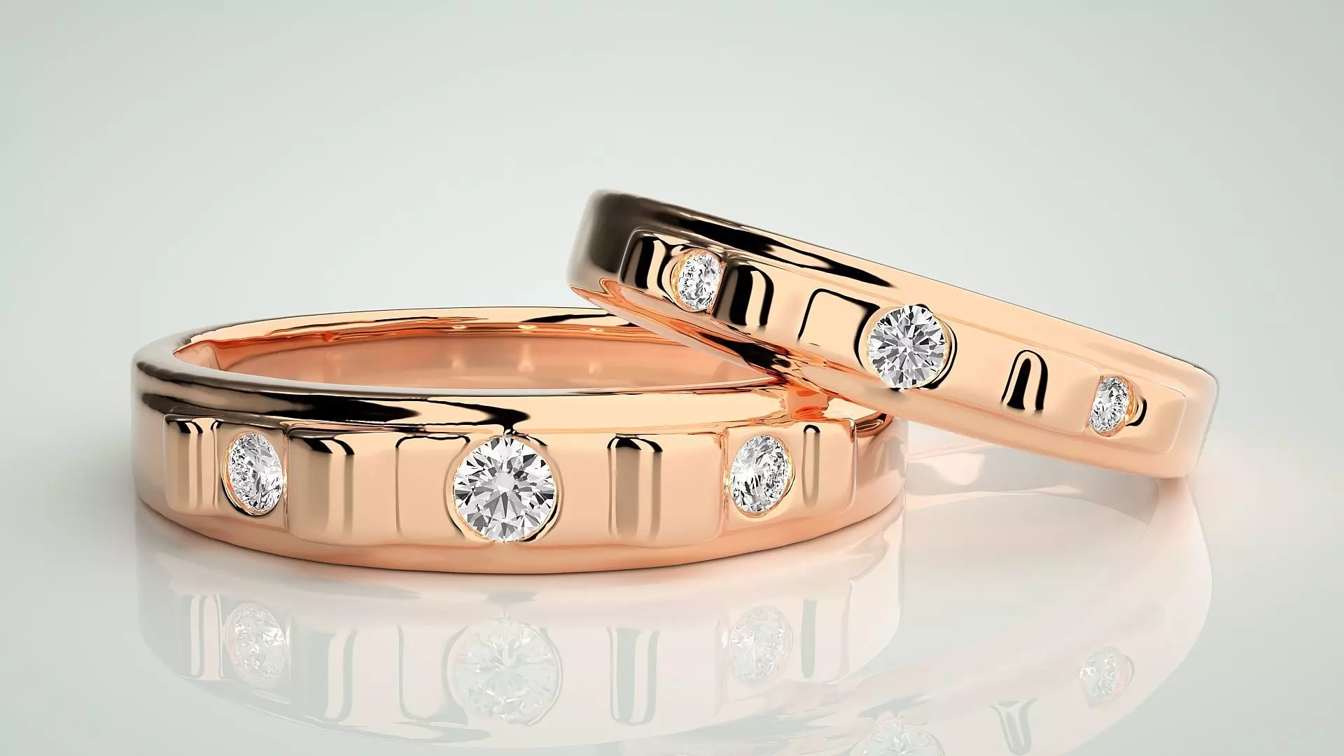 Solitaire Tri-Diamond Couple Band Ring 3dm stl render detail 3D print model_0