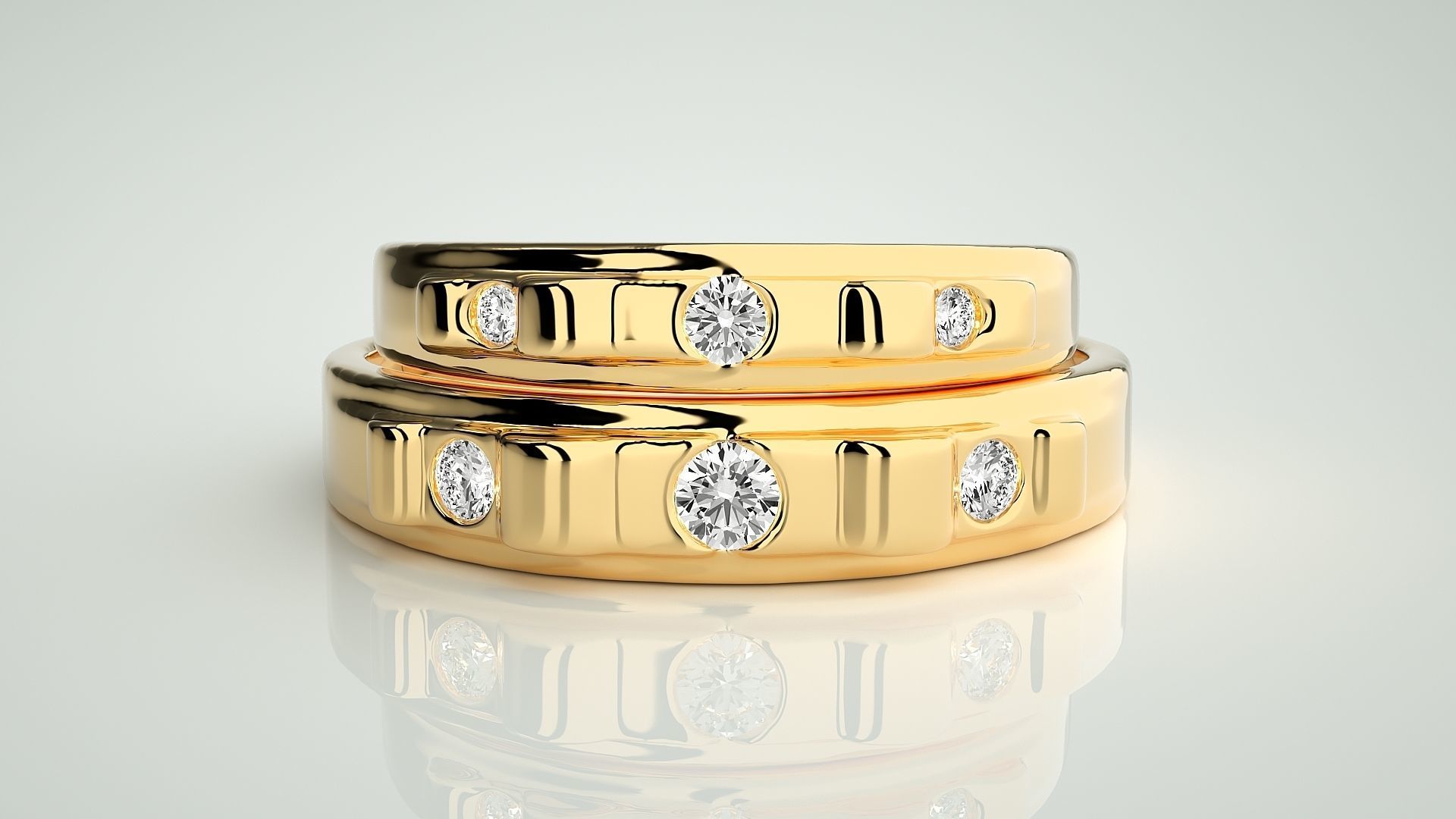 Solitaire Tri-Diamond Couple Band Ring 3dm stl render detail 3D print model_10