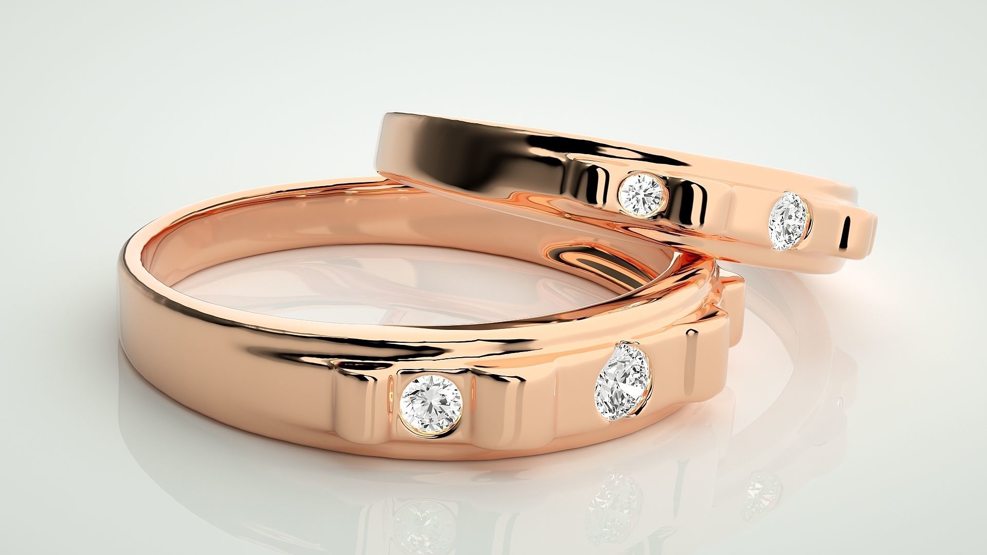 Solitaire Tri-Diamond Couple Band Ring 3dm stl render detail 3D print model_1
