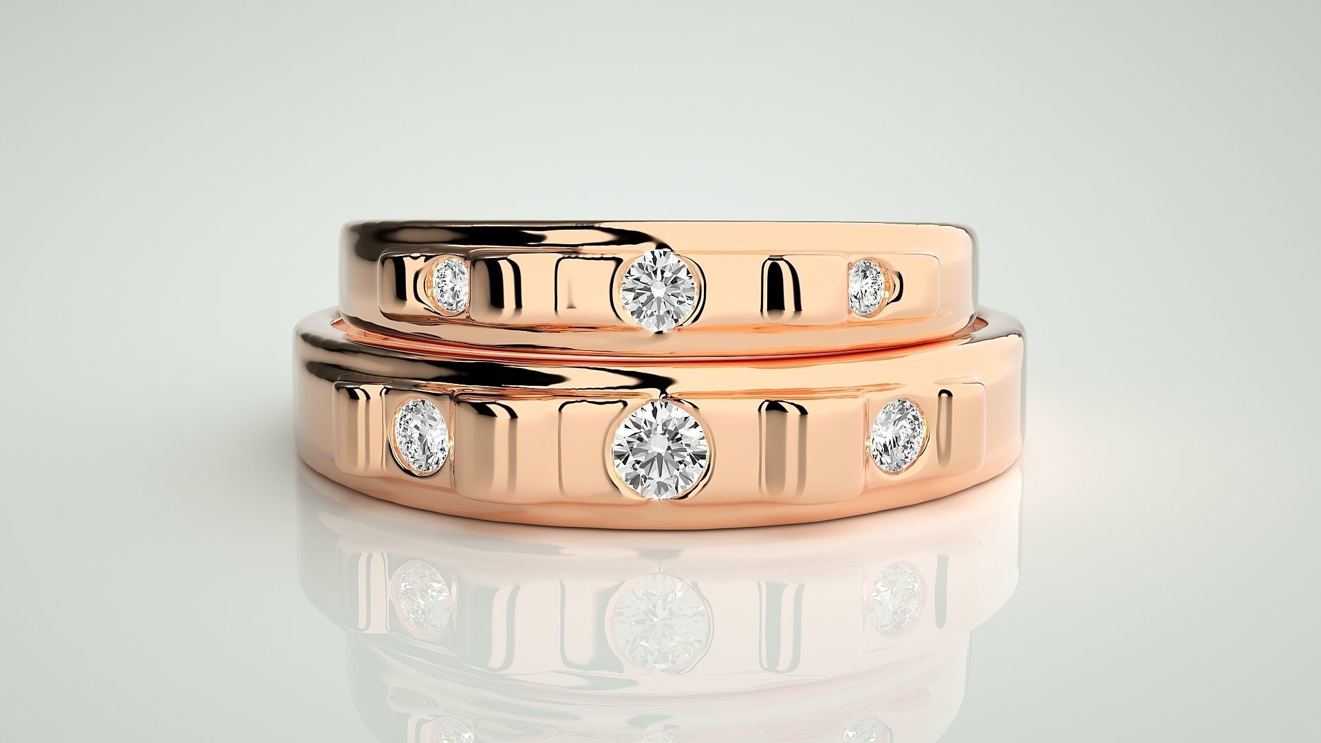 Solitaire Tri-Diamond Couple Band Ring 3dm stl render detail 3D print model_2