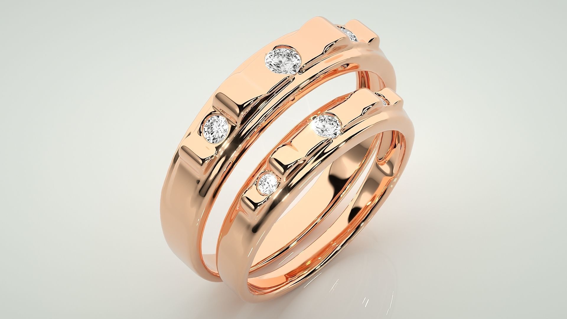 Solitaire Tri-Diamond Couple Band Ring 3dm stl render detail 3D print model_3
