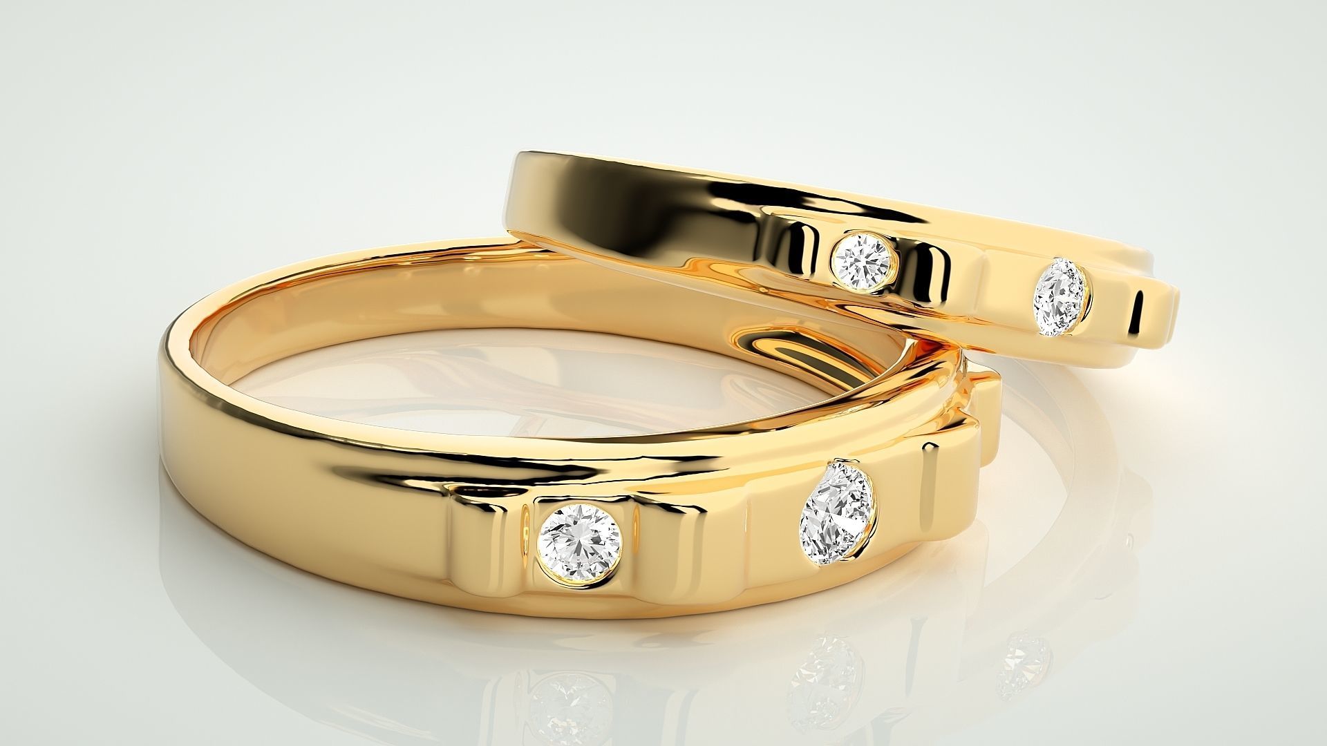 Solitaire Tri-Diamond Couple Band Ring 3dm stl render detail 3D print model_9
