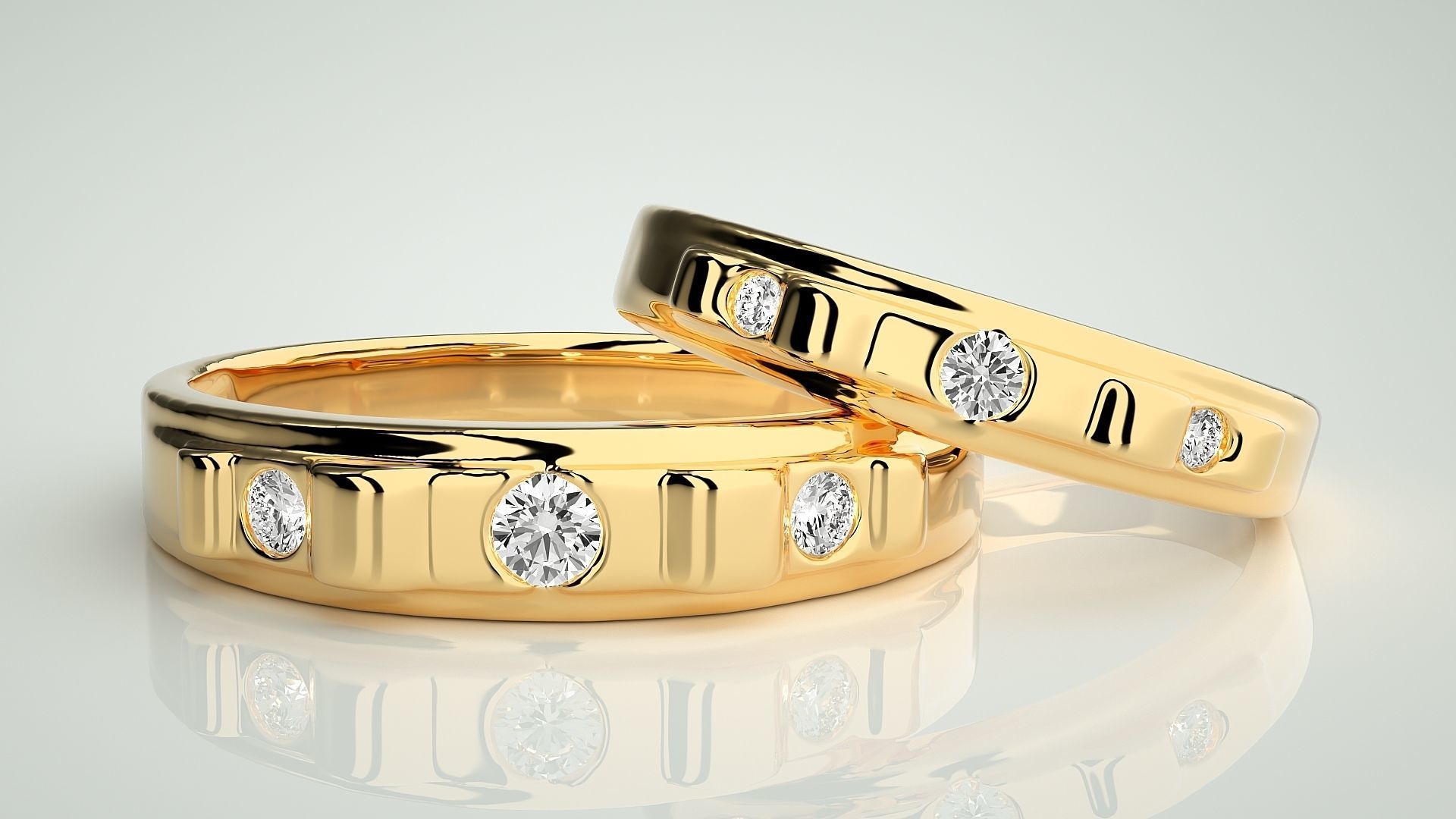 Solitaire Tri-Diamond Couple Band Ring 3dm stl render detail 3D print model_8