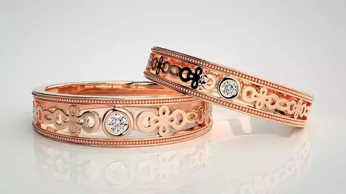 Solitaire Mesh Couple Band Ring 3dm stl render detail