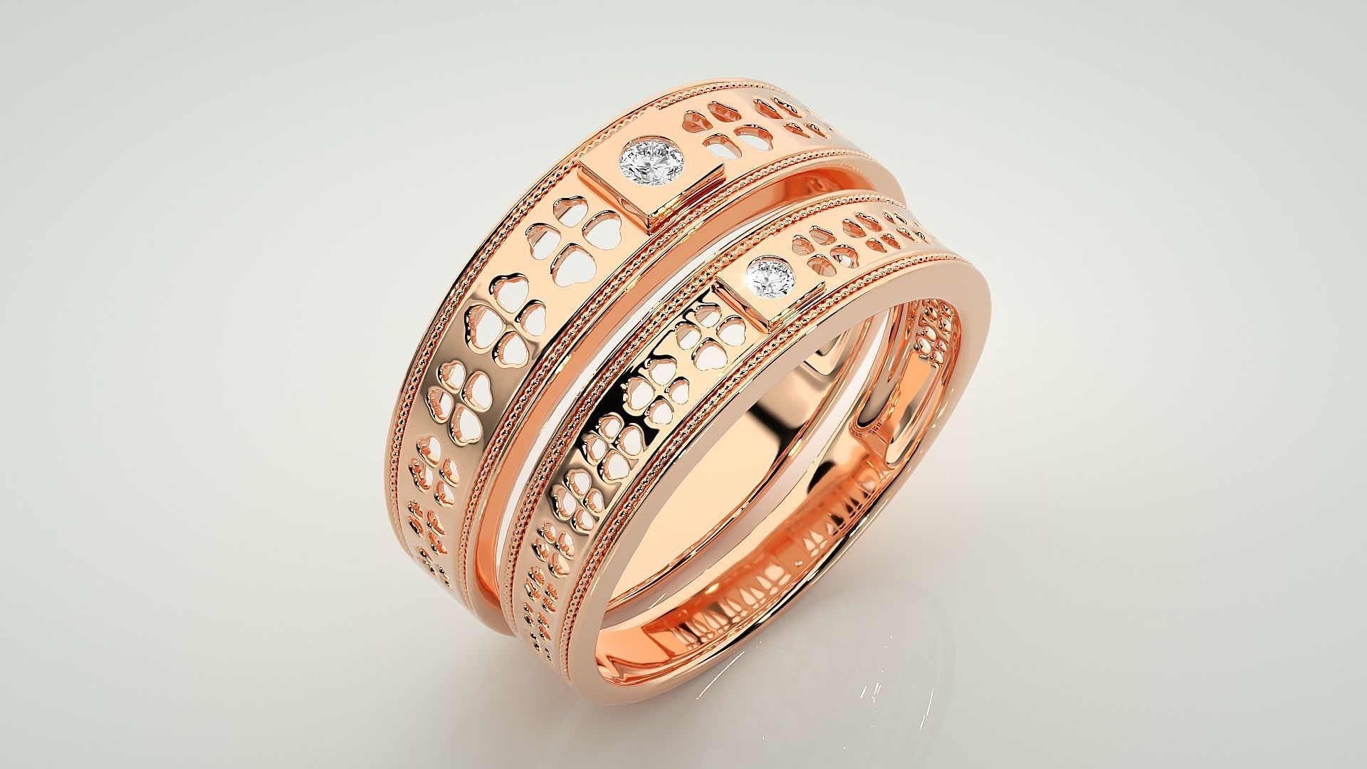 Solitaire Mesh Couple Band Ring 3dm stl render detail 3D print model_3