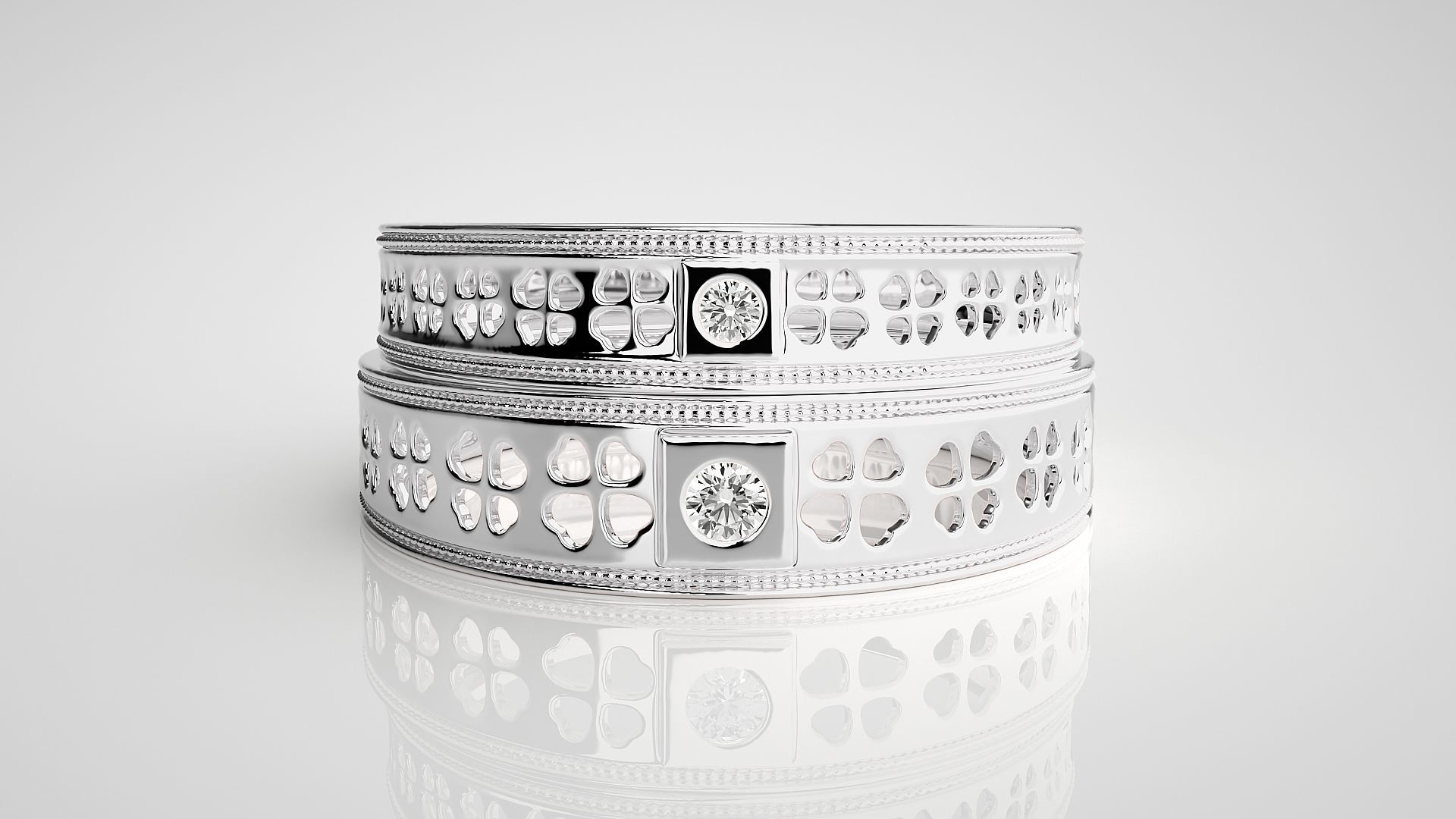 Solitaire Mesh Couple Band Ring 3dm stl render detail 3D print model_6