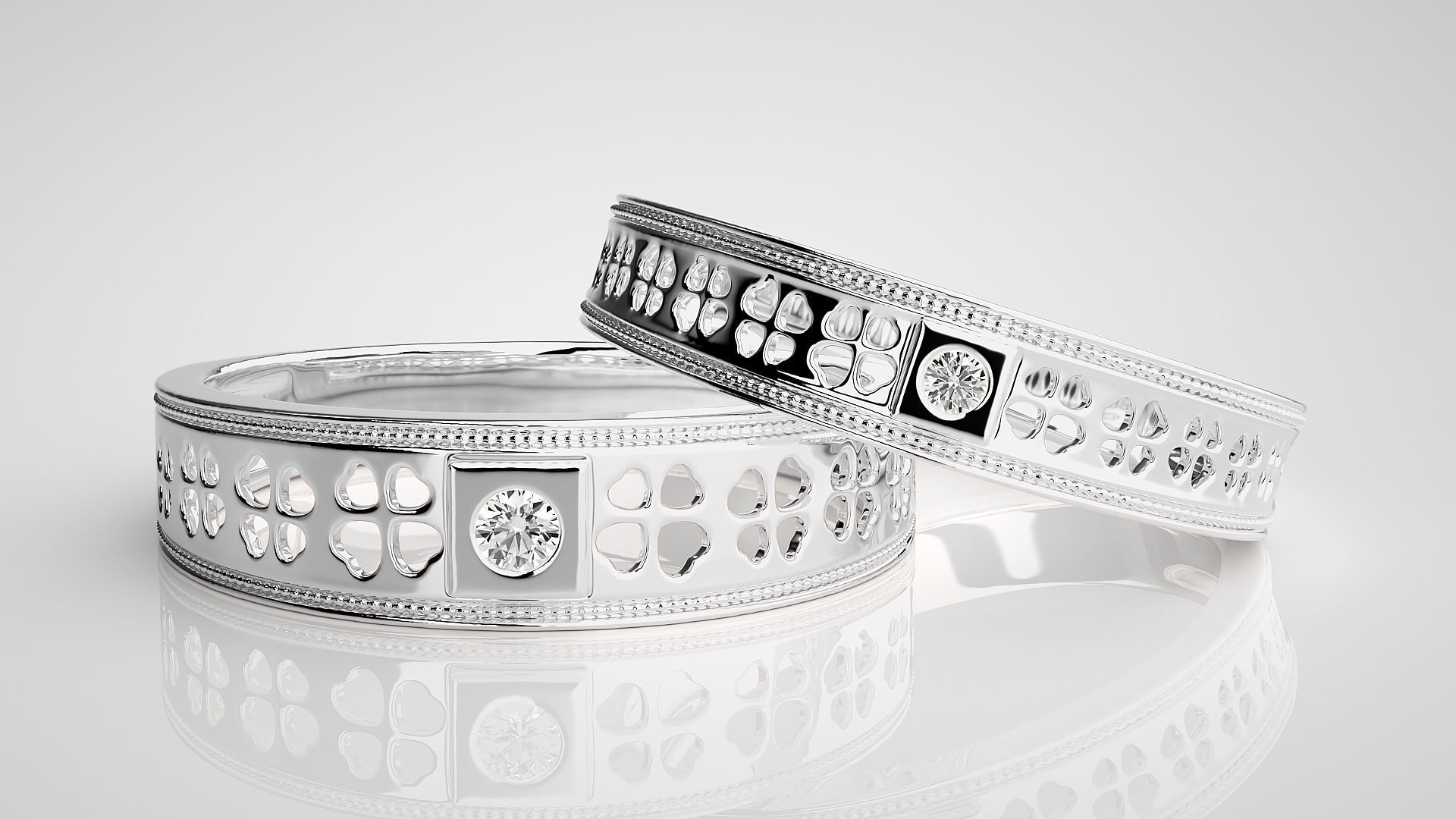 Solitaire Mesh Couple Band Ring 3dm stl render detail 3D print model_4