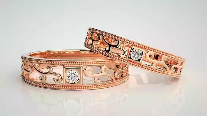 Solitaire Mesh Couple Band Ring 3dm stl render detail