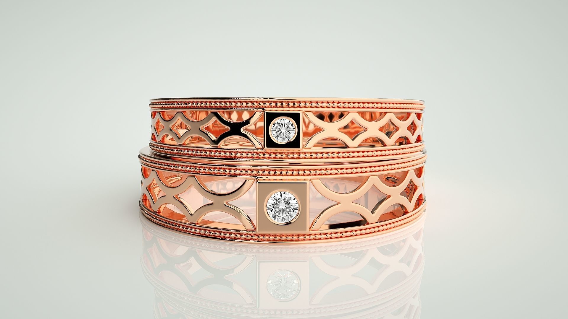 Solitaire Mesh Couple Band Ring 3dm stl render detail 3D print model_2