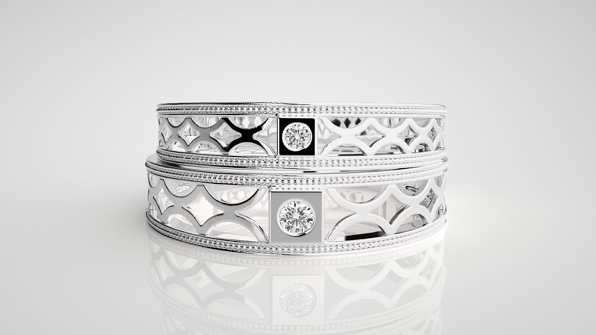 Solitaire Mesh Couple Band Ring 3dm stl render detail 3D print model_6