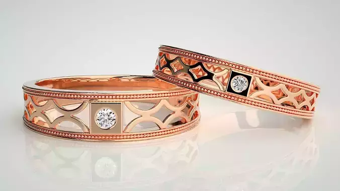 Solitaire Mesh Couple Band Ring 3dm stl render detail