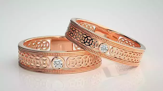 Solitaire Mesh Couple Band Ring 3dm stl render detail