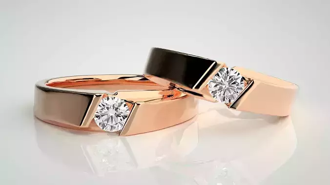 Solitaire Couple Band Ring 3dm stl render detail