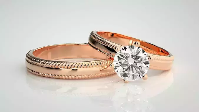 Solitaire Couple Band Ring 3dm stl render detail