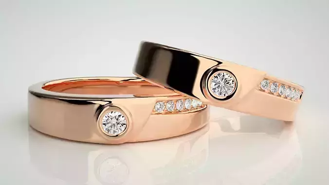 Solitaire Couple Band Ring 3dm stl render detail