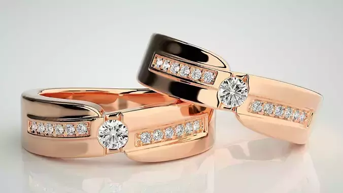 Solitaire Couple Band Ring 3dm stl render detail