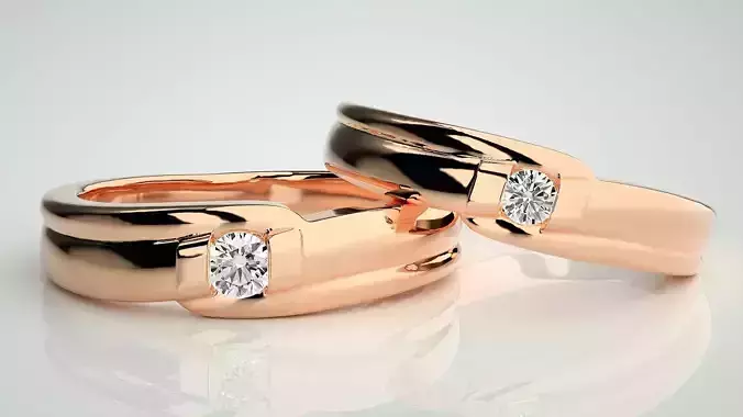 Solitaire Couple Band Ring 3dm stl render detail