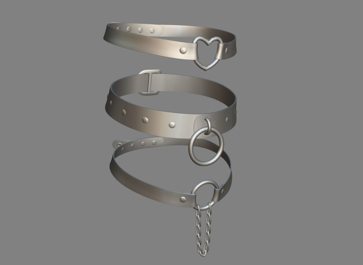 3 Black Leather Choker Set Low-poly 3D model_16
