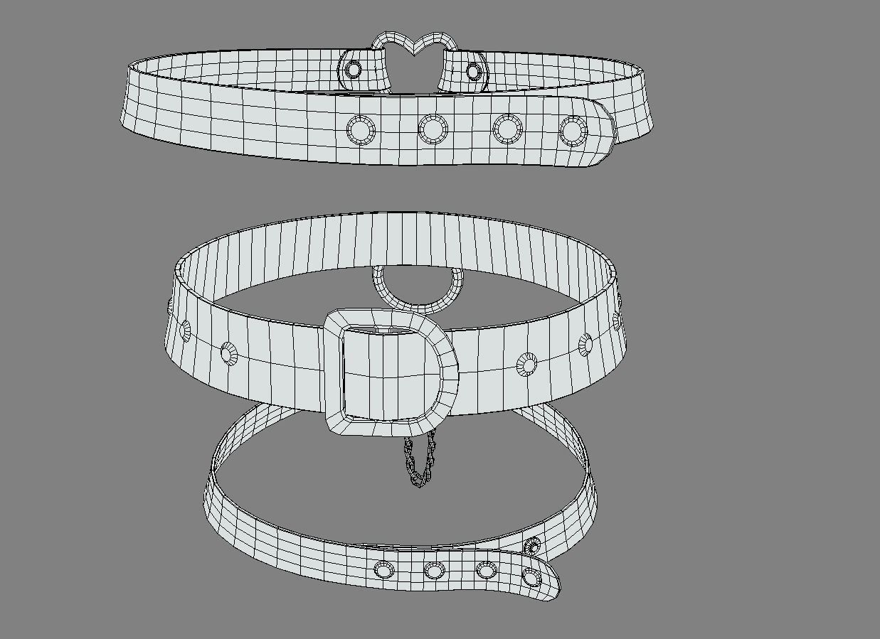 3 Black Leather Choker Set Low-poly 3D model_15