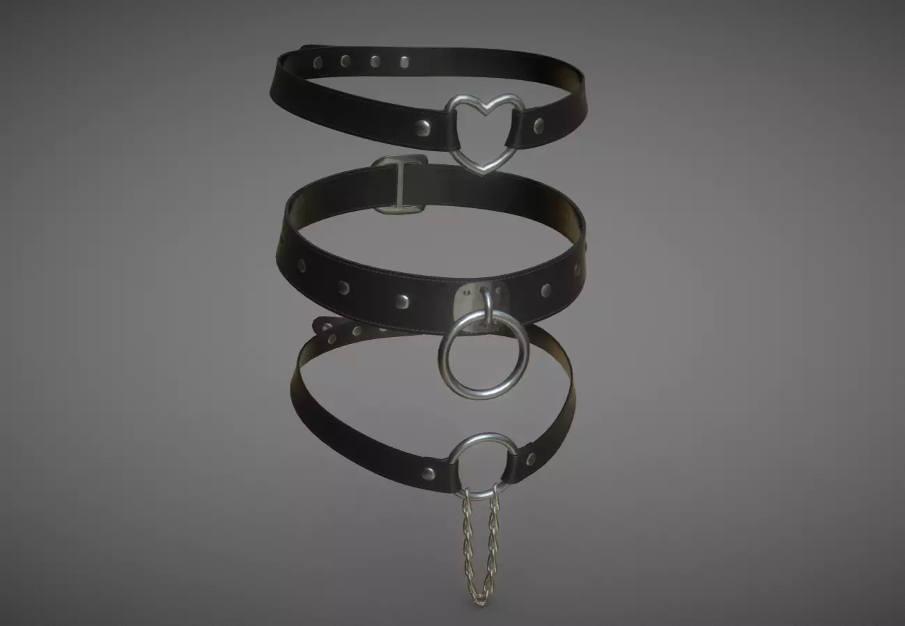 3 Black Leather Choker Set Low-poly 3D model_0