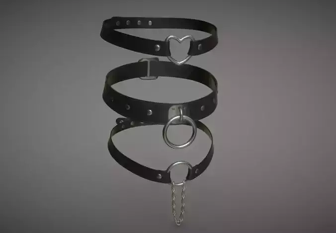 3 Black Leather Choker Set Low-poly 3D model