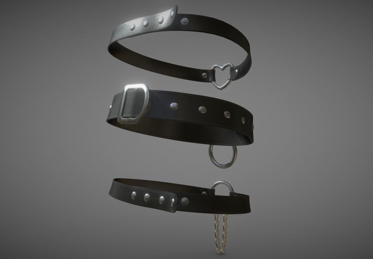 3 Black Leather Choker Set Low-poly 3D model_1