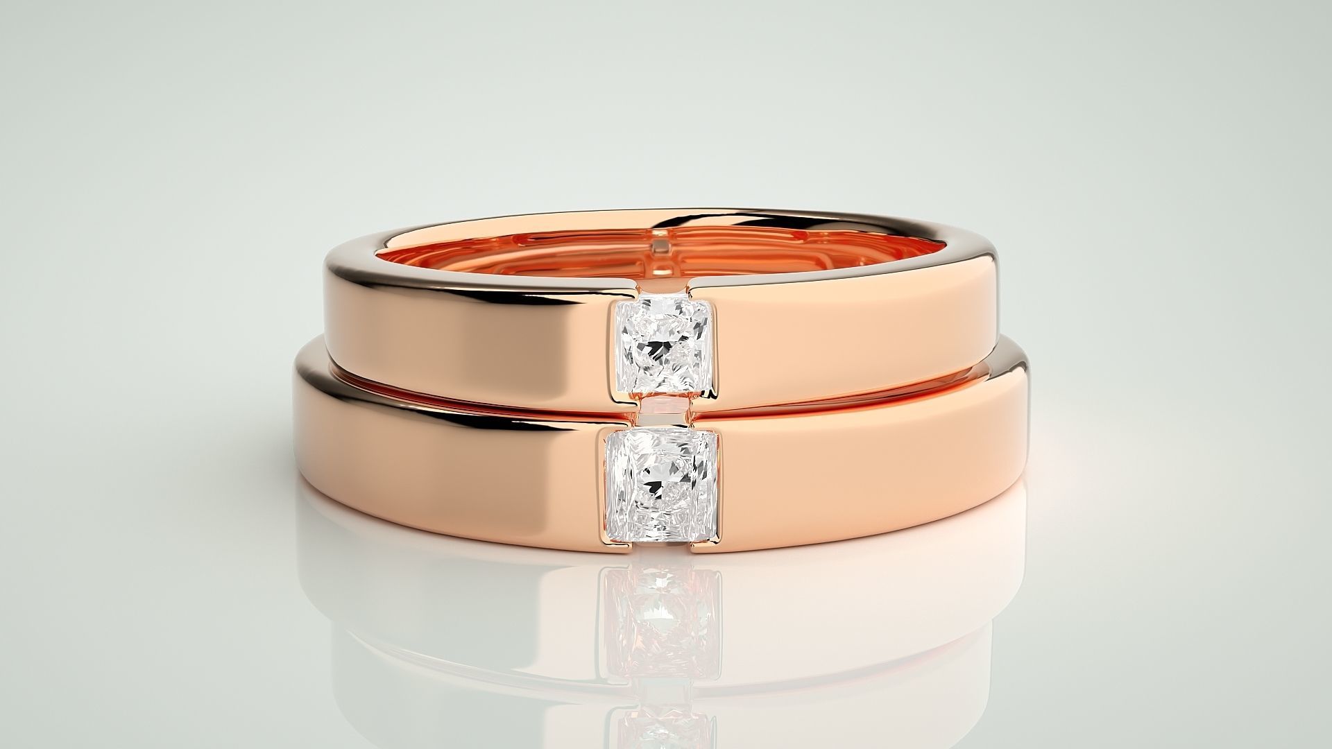 Princess Solitaire Couple Band Ring 3dm stl render detail 3D print model_2