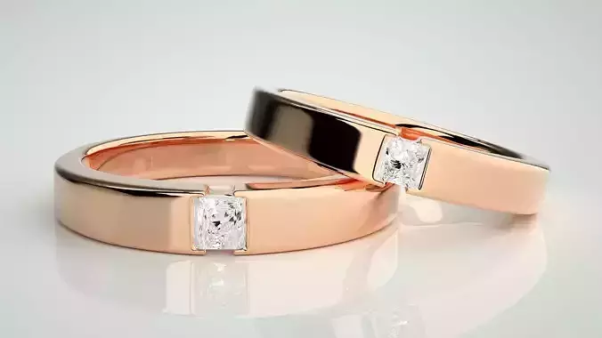 Princess Solitaire Couple Band Ring 3dm stl render detail 3D print model Princess Solitaire Couple Band Ring 3dm stl render detail 3D print model