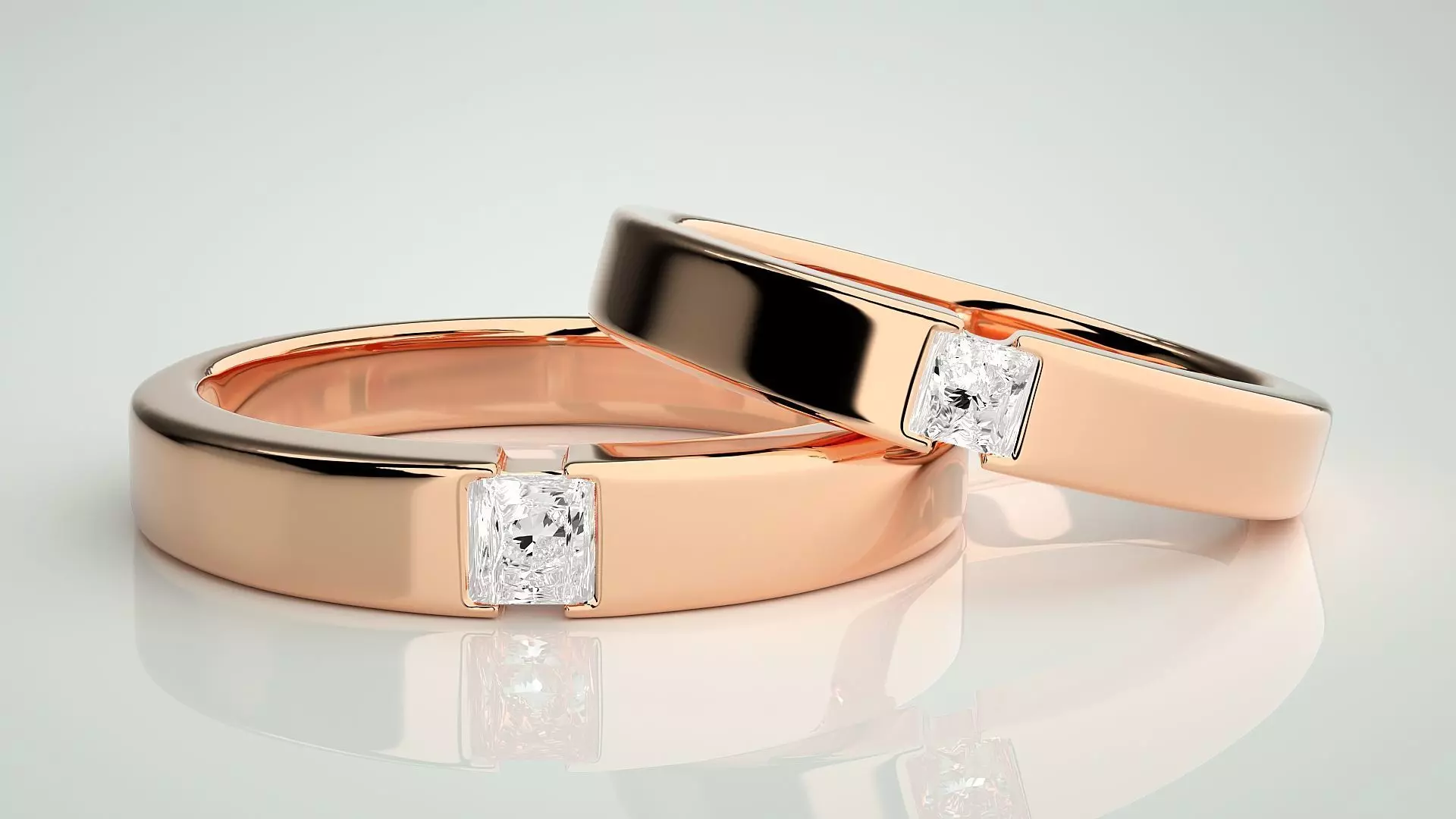 Princess Solitaire Couple Band Ring 3dm stl render detail 3D print model_0