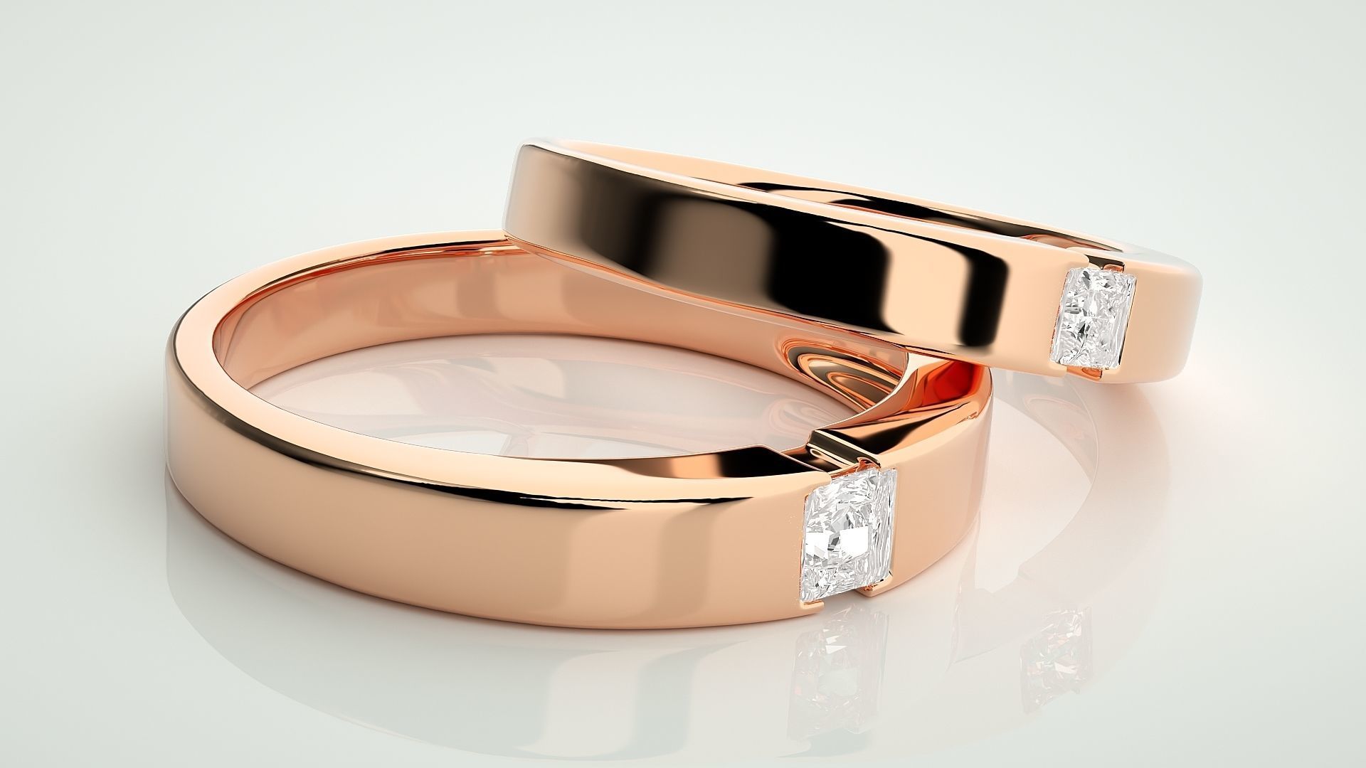 Princess Solitaire Couple Band Ring 3dm stl render detail 3D print model_1